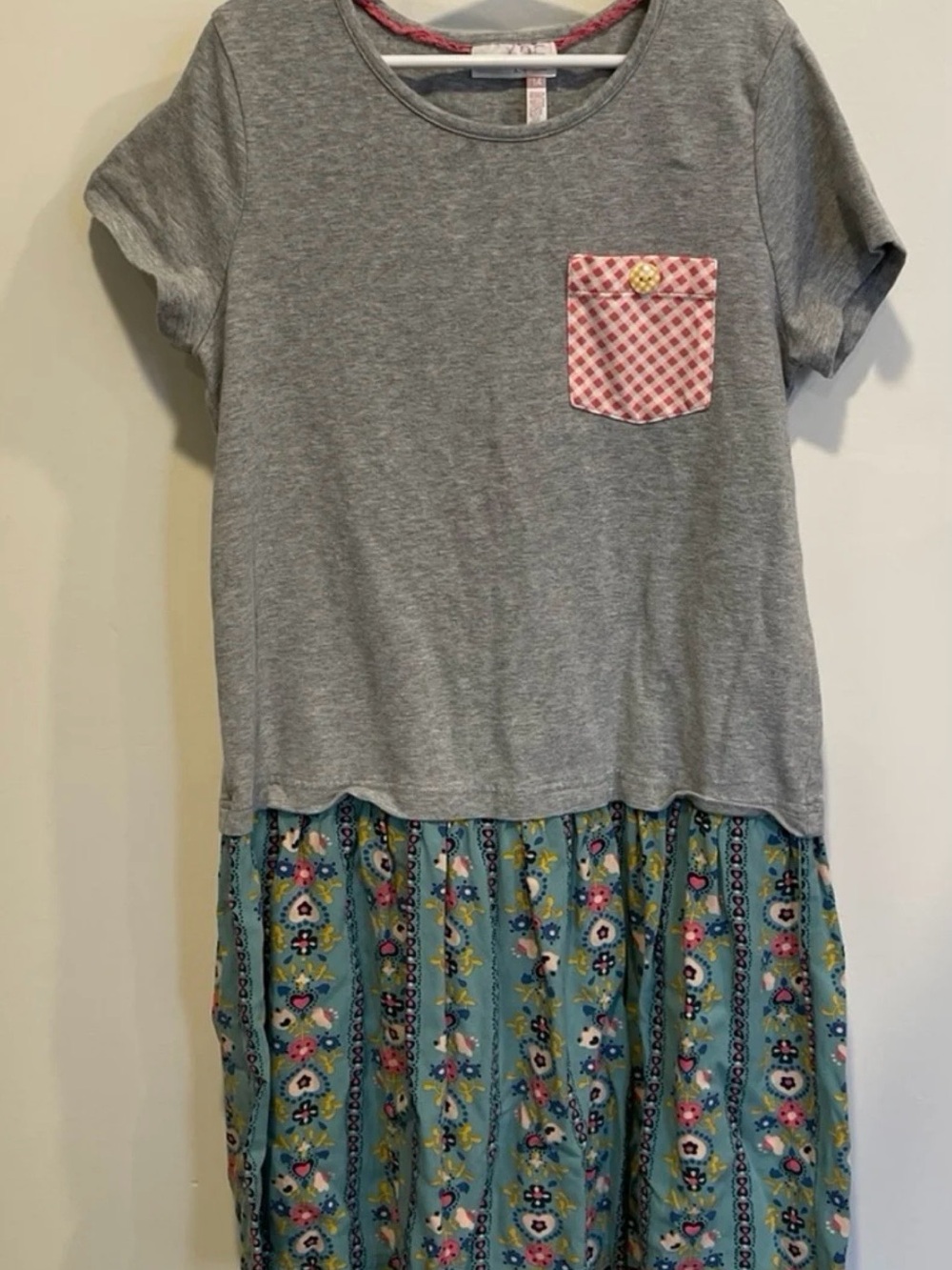 Matilda Jane 435 Gray with Pink Pocket & Blue Print Dress Size 14